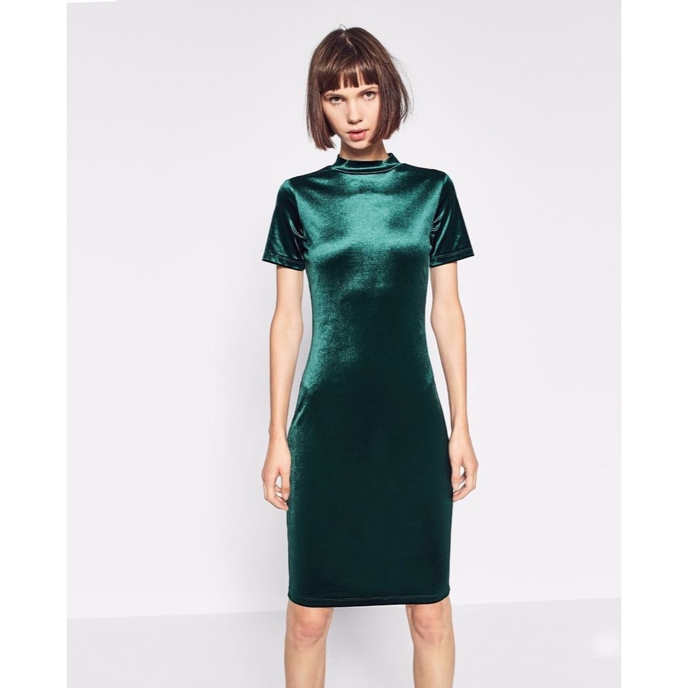 Zara Trafaluc Velvet Mock Neck Midi Dress Forest Green M